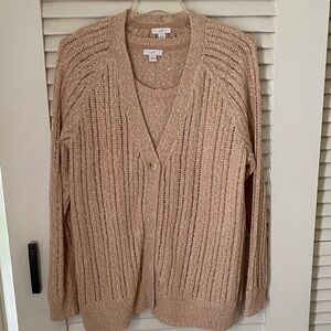 J. Jill Open-Knit Single-Button Cardigan with Matching Tank in Light Tan/Pink